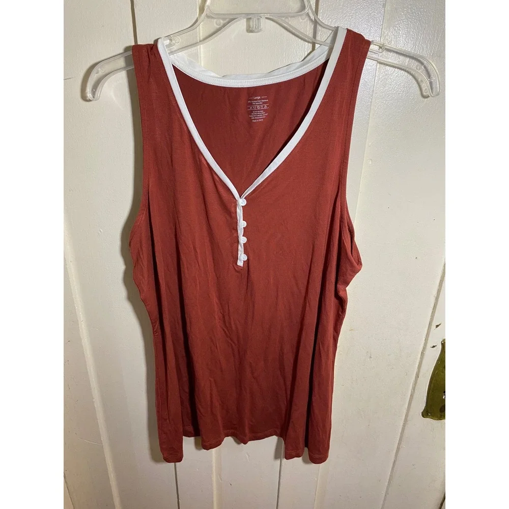 Bamboo Viscose Henley Tank and Shorts Pajama Set Rust White Polka Dot Large - Picture 6 of 9